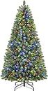 SHareconn 180cm Pre-illuminato Albero di Natale Artificiale Incernierato, di Alta qualità con 330 Luci Bianche Calde e Multicolori, 1018 Punte di Rami e Supporto Metallico Pieghevole
