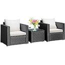 Tangkula 3 Pieces Patio Furniture Set, PE Rattan Wicker Sofa Set w/Washable Cushion and Tempered Glass Tabletop, Outdoor Conversation Furniture for Garden Poolside