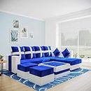 ZILLOW Luxe 8 Seater L Shape Sofa Set | 2 Ottoman, 6 Small Pillow with Coffee Table for Living Room Furniture (Blue & White)