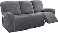 LINGKY 8-Pieces Recliner Sofa Covers Velvet Stretch Armchair Covers With Side Pocket Thick Soft Washable Sofa Covers 3 Seater Replacement Furniture Protector (Sofa, Gray)