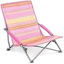 Trail Outdoor Leisure Low Folding Beach Chair, Lightweight Portable Camping Festival Picnic Lounger Seat, Padded Armrests, Carry Bag with Strap (Pink Stripe)