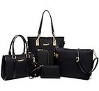 FiveloveTwo Women Ladies 6 Pcs Handbag Set Hobo Top Handle Bag Totes Satchels Crossbody Shoulder Bags and Purse Clutch Black