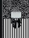 Composition Notebook College Ruled: Bougie Boutique Black & White Stripe Monochrome Vintage Pattern With Satin Bow Detail, Wide Lined Journal For Ladies, Gloss Hardcover