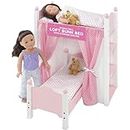 18 Inch Doll Bed Furniture | White Loft Bunk Bed with Shelving Units and Angled Single Bed, Includes Ladder, Pink and White Polka Dot Bedding and Coordinating Curtains | Fits American Girl Dolls