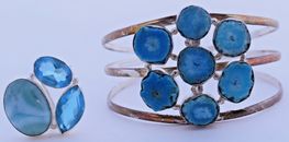 Blue Geode Raw Crystal Druzy Cab Faceted Stones Rustic Cuff Bracelet & Ring Set 