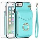 Asuwish Phone Case for iPhone 6 6s Wallet Cover with Tempered Glass Screen Protector and Ring Credit Card Holder Cell iPhone6 Six i6 S iPhone6s iPhine6s iPhones6s i Phone6s Phone6 6a S6 Women Men Teal