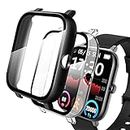 [2Pack] Keepamor Hard PC Case Built in Tempered Glass Screen Protector for P22, Compatible with Smartwatch P22 Hero Band III Donerton Popglory CanMixs Kalinco 1.4inch for Women Men, Black+Clear