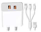 3 in 1 Dual Port Charger For Nokia Lumia 1020 Charger Android Smartphone Wall Charger Mobile Charger Fast Charging Mobile Charger Hi Speed Rapid Fast Charger With 1.2m 3-in-1 Multi Functional Super charging Cable Micro USB Android, iOS and Type-C USB Cable - (White, 2.4Amp, VNT.B2)