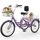 YITAHOME Tricycle, 24 Inch 3 Wheel Bikes, 7 Speed Trike Bike with Shifting for Adults with Removable Baskets, Cruiser Bike for Seniors Women Men Shopping Picnic Outdoor Sports, Purple