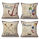 LYNKO Cushion Covers 45 x 45cm,Set of 4 Linen Pillow Covers Decorations Nautical Tools Coastal Seaside Sea Theme for Sofa, Outdoor Garden, Bed, Couch, Car(18"x18")