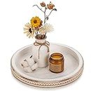 Hanobe DecorativeTray Round Coffee: Beaded White Circle Tray Boho Table Centerpiece Decor Vintage Rustic Wood Kitchen Counter for Living Room Home Bathroom