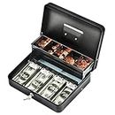 Cash Box with Lock and Money Tray - Tomekji Durable Metal Large Money Box 11.8"L x 9.5"W x 3.5"H - 5 Compartment Tray 4 Spring Loaded, Come with 2 Key, Black