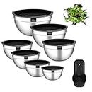 Batbez 7 Pcs Mixing Bowls Set wih Lids & Measuring Cups, Salad and Fruit Bowls with Plastic Silicone Lids, Stainless Steel Bowl Kids Mixing Large with Lid, Baking Mixing Cooking Serving Kitchen Set (Black Lids)