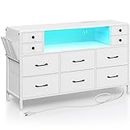 Rolanstar Dresser with Power Outlets and LED Lights, 10 Small Drawers Dresser with Side Pocket, Fabric Chest of Drawers with PU Finish, Dresser with Sturdy Frame, Wood Top for 55inch TV, White