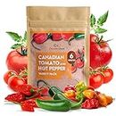 Oh! Canada Seeds Heirloom Tomato Seed & Hot Pepper 6 Variety Pack - Roma, Red Cherry, Scotia, Ghost Pepper (Bhut Jolokia), Habanero, Jalapeno Seeds
