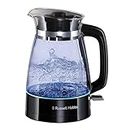 Russell Hobbs Carafe Style 1.7L Cordless Electric Glass Kettle with black handle, lid & base and blue internal illumination (Fast boil, 3KW, Anti-scale filter, Pull off lid, unique glass spout) 26080