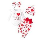 Winmany Ensemble 4PCS Baby Girl Romper Outfits Vêtements à manches longues pour la Saint-Valentin pour bébé Body pour enfant avec un coeur en forme d'amour (4, Blanc Rouge, 0-3M)