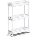 SPACEKEEPER Storage Trolley 3-Tier Slim Storage Cart Slide Out Rolling Utility Cart Mobile Shelving Unit Trolley Organizer Cart for Kitchen Bathroom Laundry Office, Plastic,White