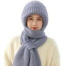 MUNSKT Integrated Ear Protection Windproof Cap Scarf，Plus Velvet Thick Winter Knitted Hat, Women Knitted Hat Scarf Set Winter Warm Thicken，Scarf hat of Outdoor Ski Snowboard Cycle for Women(grey)