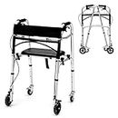 Goplus Walkers for Seniors, 4-in-1 Folding Walker with 5’’ Wheels, Detachable Seat, Height Adjustable Stand Up Walker, Medical Walking Mobility Aid, 350lbs Rolling Walker for Adult Bariatric Handicap