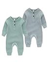 Chamie Baby Romper Newborn Knitted Jumpsuit Long Sleeve Baby Boys Girls Footless One-Piece Suit 0-24 Months,2 Pcs,Green,Blue