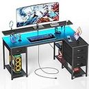 Seventable L Shaped Computer Desk with Drawers 47.2 inch, Gaming Desk with Power Outlets & LED Lights, Reversible Office Desk with Storage Shelves, Corner Desk with Monitor Stand for Home Office Black