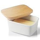 Sweejar Home Porcelain Butter Dish with Lid, Airtight Large Butter Keeper with Wooden Lid, Butter Container Perfect for 2 Sticks of Butter West or East Coast Butter (White)