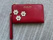 Michael Kors Red Flower Wallet Womens Good Condition 2x Zip Leather