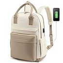 LOVEVOOK Laptop Backpack for Women 15.6 Inch Laptop Bag with USB Charging Port, Fashion Waterproof Backpacks Teacher Nurse Stylish Travel Bags Vintage Daypacks for Work, Khaki-Beige