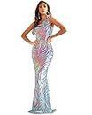 Giffniseti Women's One Shoulder Holographic Sequin Dresses Evening Gown Formal Prom Maxi Dress, Blue, X-Large