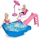 BETTINA Pool Playset - Glam Pool with Slide, Doll Pool Accessories Includes Beach Chair, Beach Umbrella, Dog, Swimming Pool Set for 12 Inch Dolls, Bath Toys for Dolls
