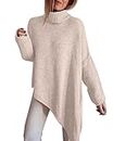 BTFBM Women Long Sleeve Turtleneck Knit Sweater Asymmetric Hem Oversized Fall Winter Sweaters Casual Pullover Jumper Tops(Solid Beige White, Small)