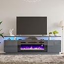 AMERLIFE Fireplace TV Stand with 36" Fireplace, 70" Modern High Gloss Fireplace Entertainment Center LED Lights, 2 Tier TV Console Cabinet for TVs Up to 80", Cement Grey