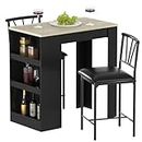 VECELO Small Bar Table and Chairs Tall Kitchen Breakfast Nook with Stools/Dining Set for 2, Storage Shelves, Space-Saving, Gray