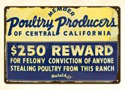 Letrero de metal de estaño de metal recompensa de $250 para productores avícolas miembro del centro de California