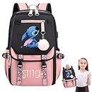 Stit-ch Stuff Anime Cartoon Backpack for Girls and Boys with USB Port, Large Capacity Laptop Travel Backpack, Cosplay Bookbag (Black and Pink)