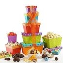 Broadway Basketeers Food Chocolate Gift Basket Tower for Birthdays – Curated Snack Box, Sweet and Savory Treats for Parties, Best Wishes, Birthday Presents for Women, Men, Mom, Dad, Her, Him, Families