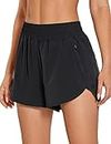 CRZ YOGA Women's High Waisted Running Shorts Mesh Liner - 3'' Dolphin Quick Dry Athletic Gym Track Workout Shorts Zip Pocket Black Medium