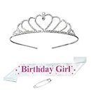 Decofy Birthday Girl Sash And Crown For Girls & Women - Set of 3 (With Pin) Sash And Tiara | Heart Crown For Birthday Girl | White Birthday Sash For Girls | Birthday Crown For Girls