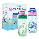 BOZ Flip Water Bottles for Kids 2-Pack - Girls' Mermaid & Unicorn Designs, 14 oz, Push Button Pop-Up Straw, Handwash Recommended, Toddler Leak Proof Water Bottle