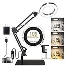 10X Magnifying Glass with Light and Stand, Real Glass 2-in-1 Desk Lamp & Clamp, Craft Light Lamp with 3 Color Modes, LED Lighted Magnifier with Light for Hobby Reading Crafts Repair Close Works