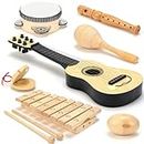 Wooden Musical Instruments for Kids Band Class Preschool School Learning Kids Musical Toys for Toddlers 1-3 Grade Toddler Music Set Maracas Guitar Xylophone Tambourine Chime Castanet Shaker Egg Flute