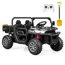 OLAKIDS 2 Seater Ride On Car, 12V Off-Road UTV Electric Vehicle with Remote Control, Dump Bed, Extra Shovel, Music, USB, AUX, Rocking Function, Kids Toddlers Battery Powered Truck (Dark)