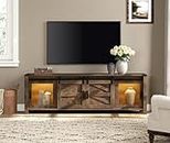 WAMPAT Yellow LED Farmhouse TV Stand for TVs up to 75 inches,Sliding Barn Door Entertainment Center Media TV Console Table with Storage Shelf for Living Room Bedroom,Brown