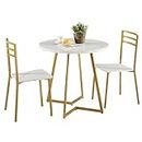 VECELO Small Round Dining Table Set for 2, Wood Marbled Tabletop with Steel Frame, Modern Dinette with Chairs for Kitchen Breakfast Nook Living Room, White and Gold
