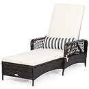 Tangkula Patio Wicker Chaise Lounge Chair, Outdoor Rattan Reclining Chaise w/ 6-Gear Adjustable Backrest, Thick Padded Cushion & Removable Lumbar Pillow, Ideal for Lawn, Beach, Balcony (Mix Brown)