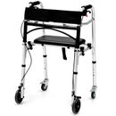 2-Button Folding Walker Height Adjustable Walking Aid with Seat 4 Wheels Brakes