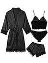 ESKTJH Women's Sleepwear Satin Pajama 4 Piece Silk Lingerie Floral Lace Cami Pj Set with Robe Black