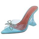 Roimaash Women Fashion Summer Shoes Peep Toe Slip on Sandals Cup Heels Evening Party Heels Clear Mules Shoes Rhinestone Bow Sky-Blue Size 42