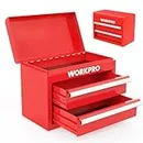 WORKPRO Mini Metal Tool Box with 2 Drawers and Top Storage, Small Tool Chest with PVC Liners and PP Feet Pads, Cold Rolled Steel Toolbox with Magnetic Tab